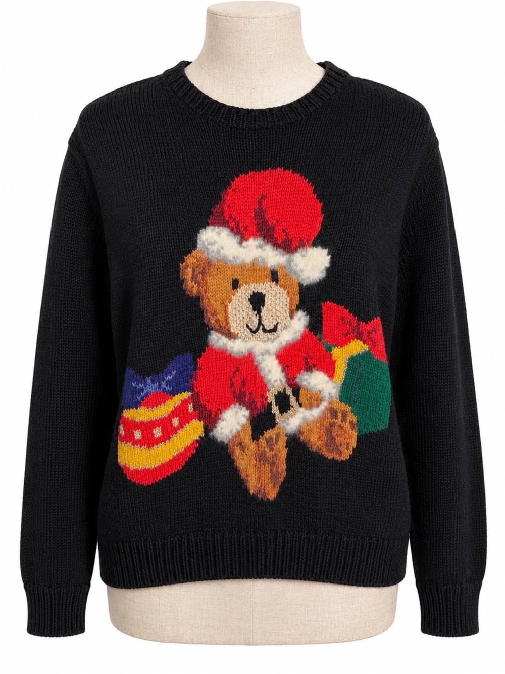VTG 90s Talbots Hand Knit Christmas Sweater Women’s S Black Teddy Bear Presents
